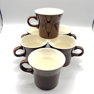 60s USA Pottery Brown and Cream Ceramic Coffee Mugs, Set of 6